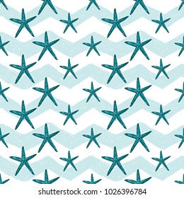 Hand drawn sketched starfish. Sea summer ocean beach party marine wedding seamless pattern. Colored sketch on white blue chevron background.
