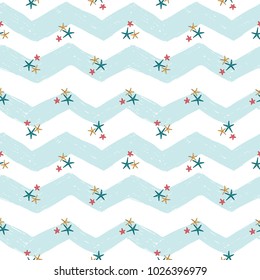 Hand drawn sketched starfish. Sea summer ocean beach party marine wedding seamless pattern. Colored sketch on white blue chevron background.