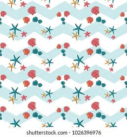 Hand drawn sketched starfish and seashell. Sea summer ocean beach party marine wedding seamless pattern. Colored sketch on white blue chevron background.