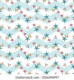 Hand drawn sketched starfish and seashell. Sea summer ocean beach party marine wedding seamless pattern. Colored sketch on white blue chevron background.