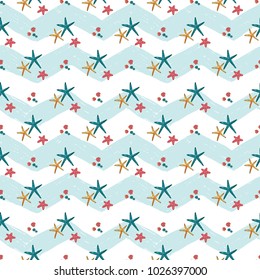 Hand drawn sketched starfish and seashell. Sea summer ocean beach party marine wedding seamless pattern. Colored sketch on white blue chevron background.