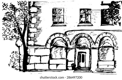 Hand drawn sketched street with house. Vector illustration