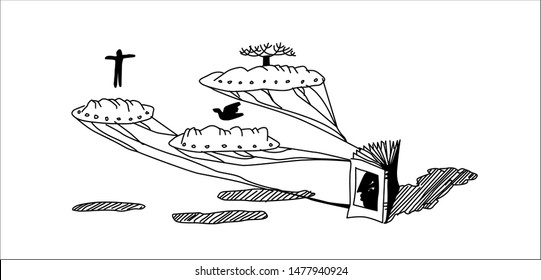 The hand drawn sketched vector illustration of book, man, tree and a bird flying over the clouds and shadows