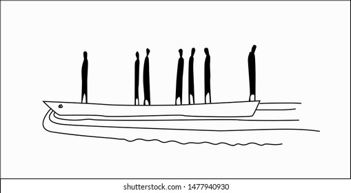 The hand drawn sketched vector illustration of the seven figures on a boat beneath the weaves