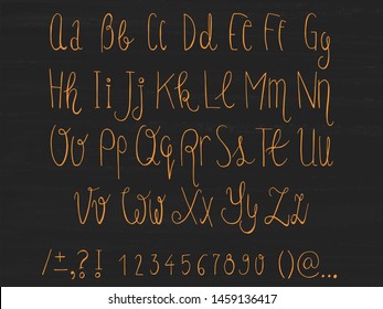 Hand drawn sketched vector upper, lower case letters and numbers set on chalkboard. Doodle comic font for design, typeface, card.