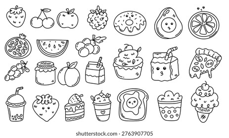 Hand drawn sketches of apple cherry avocado pizza and many healthy fruits