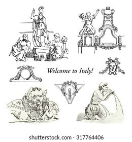  Hand drawn sketches of architectural elements and sculptures in classic style. Rome, Italy, tourism. Vector Illustration