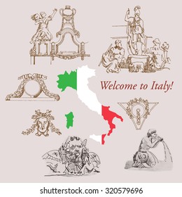 Hand drawn sketches of architectural elements and sculptures in classic style. Rome, Italy, tourism. Vector Illustration