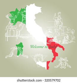 Hand drawn sketches of architectural elements and sculptures in classic style. Rome, Italy, tourism. Vector Illustration