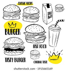 Hand Drawn Sketches Of A Burger Set. Take Away Food.