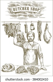 hand drawn sketches of butcher that offers fresh meat on a white background