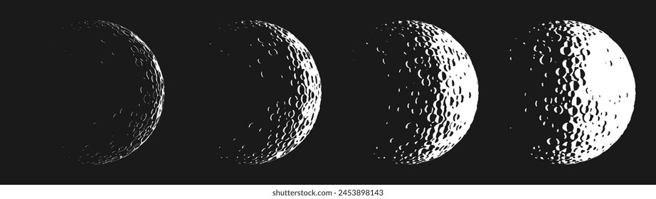 Hand drawn sketches of cartoon moon planet with craters in black and white color. Set of moon phases. Simple creative moon logo design for t-shirt print, banner or poster. Vector illustration