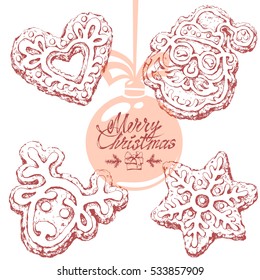 Hand drawn sketches of christmas cookie isolated on white background. Vector illustration set of gingerbread santa, deer, heart and snowflake.  Vintage line art. Merry christmas text.
