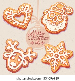 Hand drawn sketches of christmas cookie on paper textured background. Vector illustration set of gingerbread santa, deer, heart and snowflake.  Vintage colored line art. Merry christmas text.

