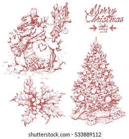 Hand drawn sketches of christmas tree, holly plant and snowman isolated on white background. Vector illustration set for christmas designs. Vintage line art. Merry christmas text.
