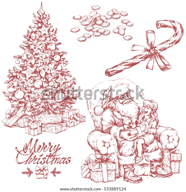 Hand Drawn Sketches Christmas Tree Santa Vintage Holidays