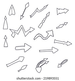 Hand drawn sketches of different arrows made in the vector. Fully editable design elements.