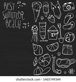 Hand drawn sketches doodle set of summer beach. Vector illustration on chalkboard.