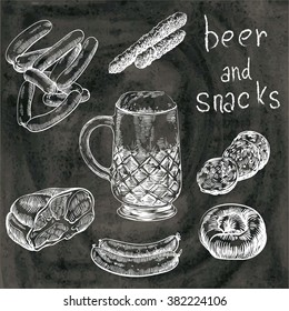 hand drawn sketches of draft beer and snacks on a black background
