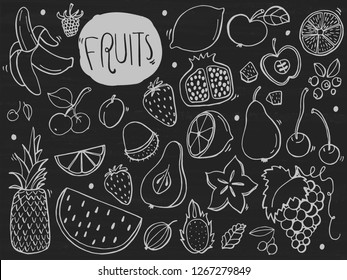 Hand drawn sketches for fresh fruits. Vector illustration on chalkboard.