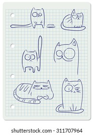 Hand drawn sketches of funny cats on a sheet of notebook paper.