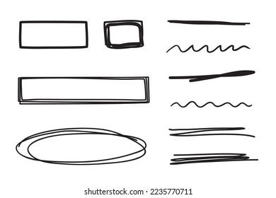 Hand drawn sketches of geometric shapes. Freehand black lines. Abstract underlines. Business elements. Black and white illustration