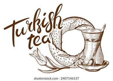 Hand Drawn sketches of Glass of Turkish Tea, and Bagel. Food Symbols of Istanbul with lettering Turkish Tea. Vector illustration. svg