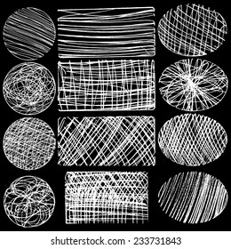Hand drawn sketches rough hatching grunge texture. set of circle, oval and rectangle. vector illustration