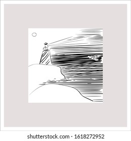 Hand drawn sketches of sea view and lighthouse