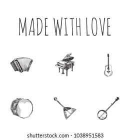 Hand drawn  sketches set. Collection of acoustic, accordion, piano and other sketch elements.