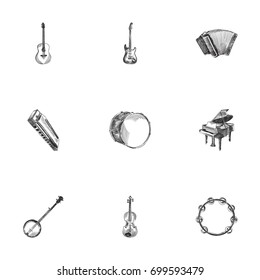 Hand Drawn  Sketches Set. Collection Of Aerophone, Rock, Guitar And Other Sketch Elements.