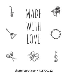Hand Drawn  Sketches Set. Collection Of Timbrel, Chord, Rattle And Other Sketch Elements.