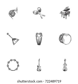 Hand Drawn  Sketches Set. Collection Of Timpano, Trombone, Fiddle And Other Sketch Elements.