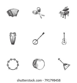 Hand Drawn  Sketches Set. Collection Of Rattle, Harmonica, Guitar And Other Sketch Elements.