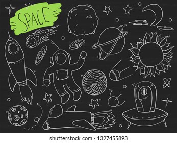 Hand drawn sketches for space. Vector illustration on chalkboard. 