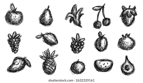 Hand drawn sketches tasty fruits in doodle style. Collection of healthy food. Vector curly elements. Apple, plum, banana, cherry, mango, cherry, lemon, orange, grapes.