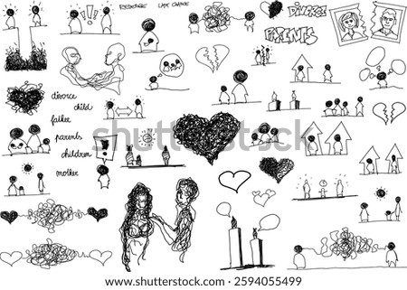 hand drawn sketches of topics regarding family life and partnership and divorce