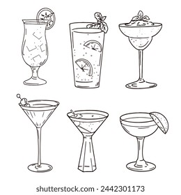 Hand drawn sketches of a variety of cocktails for restaurant menu design. Vector black illustration isolated on white background.