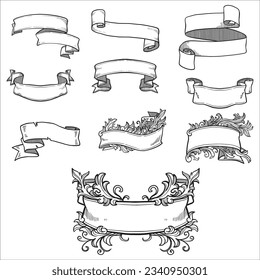hand drawn sketches of various types of ribbons. Design element for greeting cards, banners, invitations. Sketch, vector illustration.