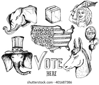 Hand drawn sketches.Elephant and donkey. Symbols of Democrats and Republicans political parties in United States. Illustration for election, debate America. USA flag, the ballot box, balloons, girl.