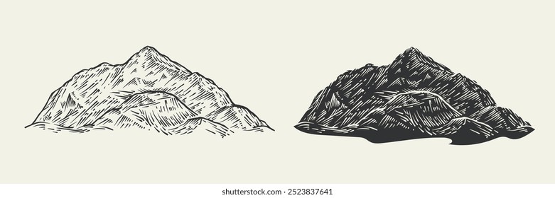 Hand drawn sketching mountain in retro vintage style. Set monochrome silhouettes rock landscape for print, branding. Vector illustration.