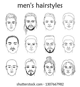 Hand drawn sketching set of vector males portraits  of different races with different hairstyles.