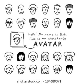 Hand drawn sketchnote faces. Vector avatars set