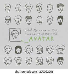 Hand drawn sketchnote faces. Vector avatars set