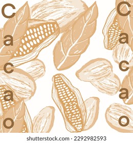  Hand drawn sketch.Seamless pattern. Cocoa beans, leaves sketch. Cacao sketch. Hand drawn, logo,emblem. Graphic food,flyer,packaging. Vector.