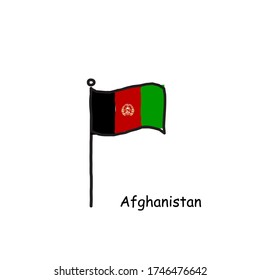 hand drawn sketchy Afganistan flag on the flag pole. three color flag . Stock Vector illustration isolated on white background.