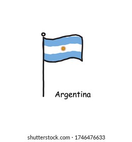 bandera argentina dibujada a mano en el asta de la bandera. marca de tres colores. Ilustración vectorial de material aislado en fondo blanco.