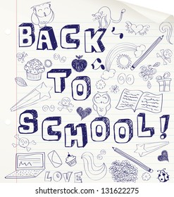 Hand drawn sketchy BACK TO SCHOOL design on a notebook.