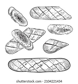 Hand drawn sketchy baguette with garlic butter and aromatic herbs. Sliced garlic baguette sketch, doodle slices of French bread with herbs