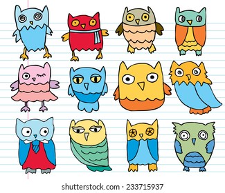 Hand Drawn Sketchy Cartoon Owls Characters